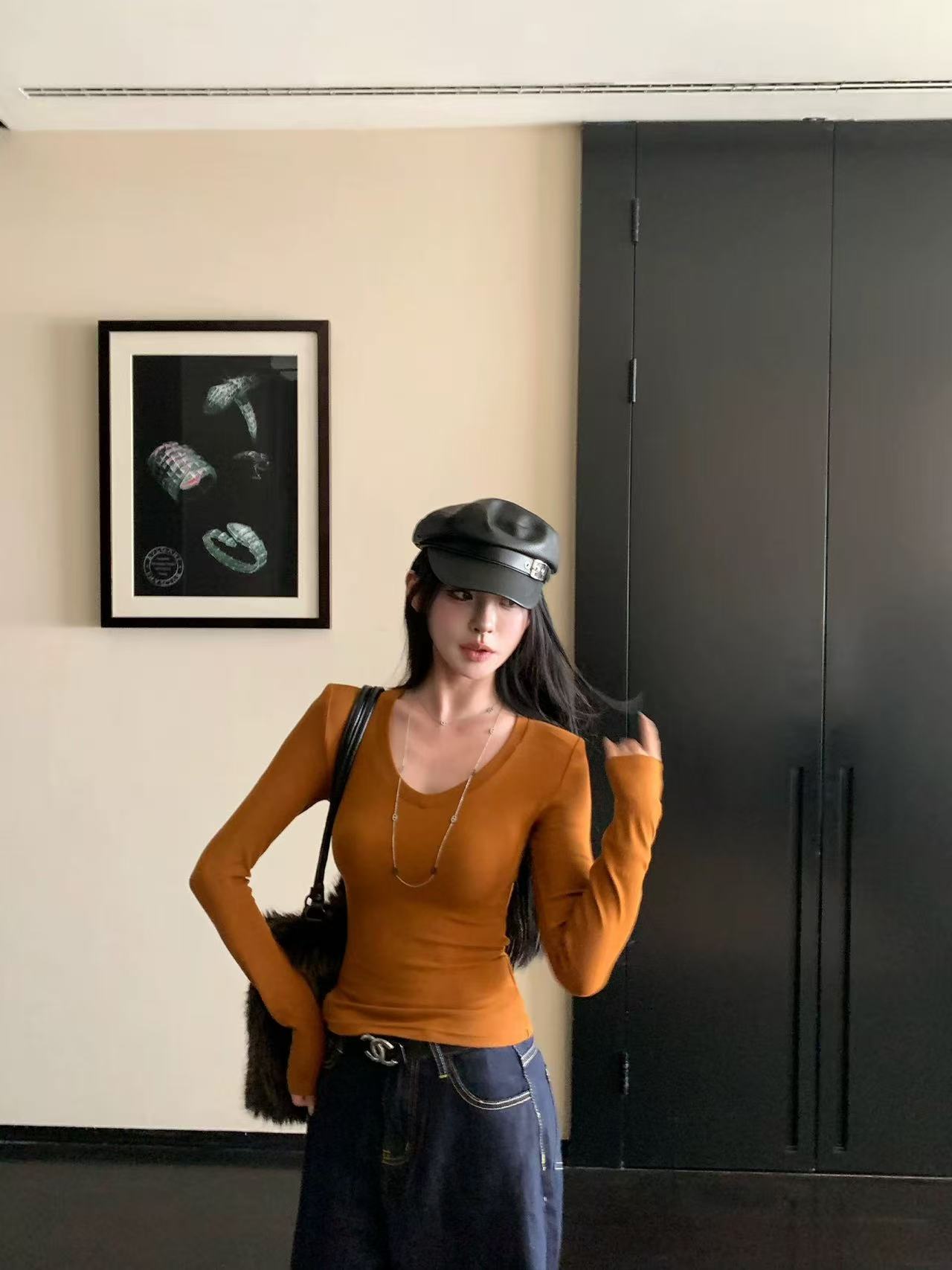 C42-2-3D五色“绑带V领”长袖上衣（8039）