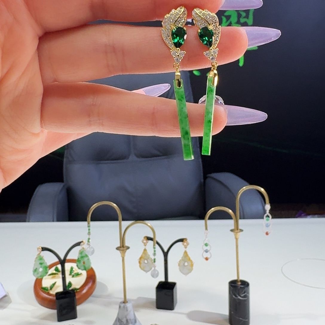 翡翠银S925镶嵌耳饰925镶嵌