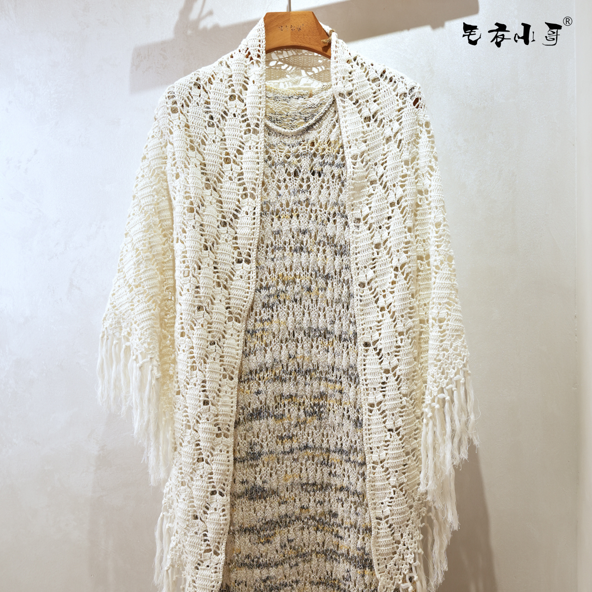 毛衣小哥夏季手工编织定制鱼群流苏披肩亚麻棉线设计师款复古气质