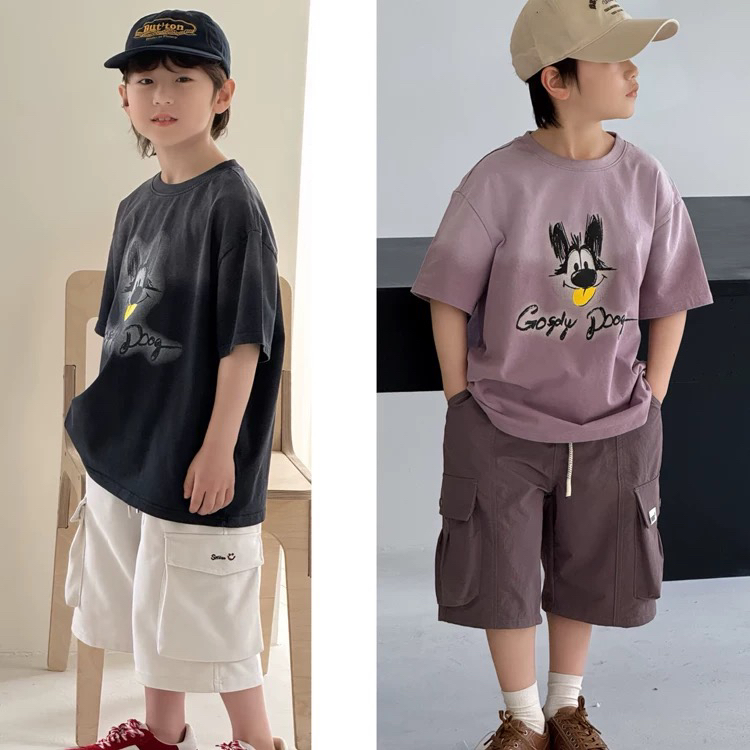 2025夏季男女童洋气渐变灰涂鸦短袖T恤宽松上衣