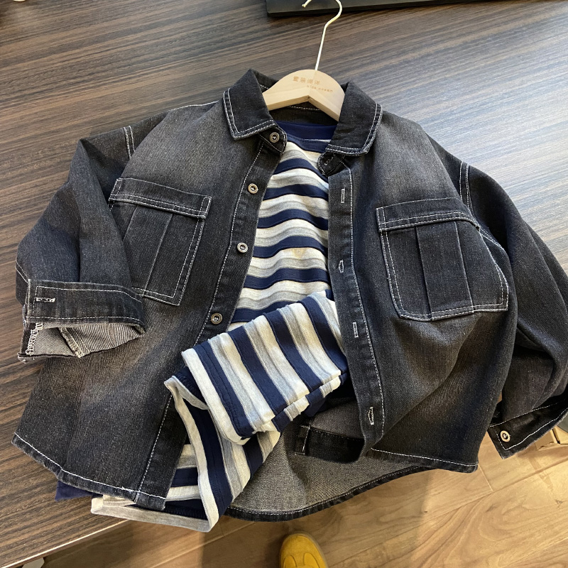 佑妈家童装 男女童秋季新款衬衫 儿童翻领拼接外套 潮款