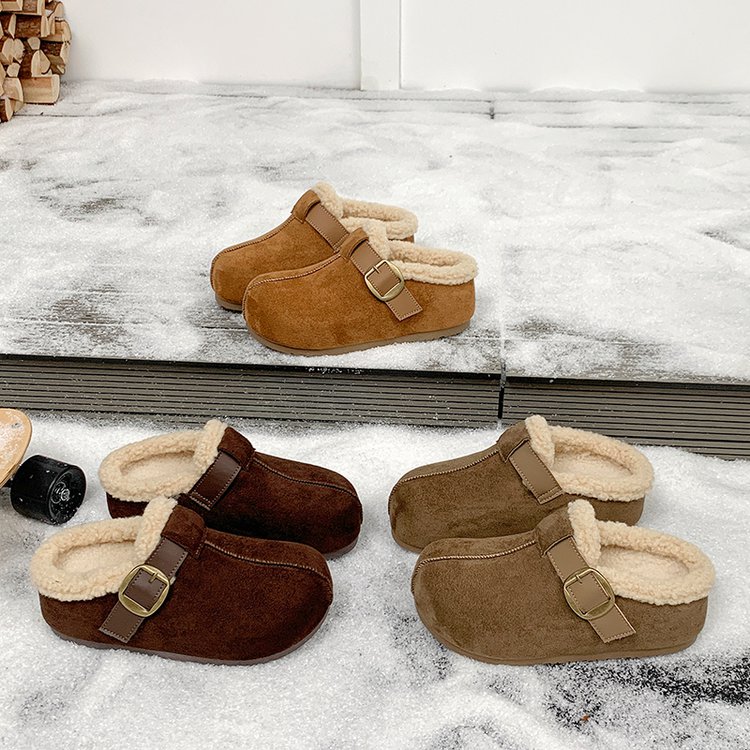 2025秋冬新款磨砂加绒保暖勃肯棉拖鞋女厚底外穿复古包头半拖