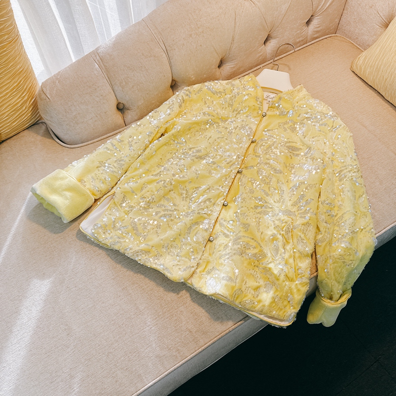 新年衣服黄色丝绒亮片刺绣唐装上衣复古国风贵妇气质新中式外套女