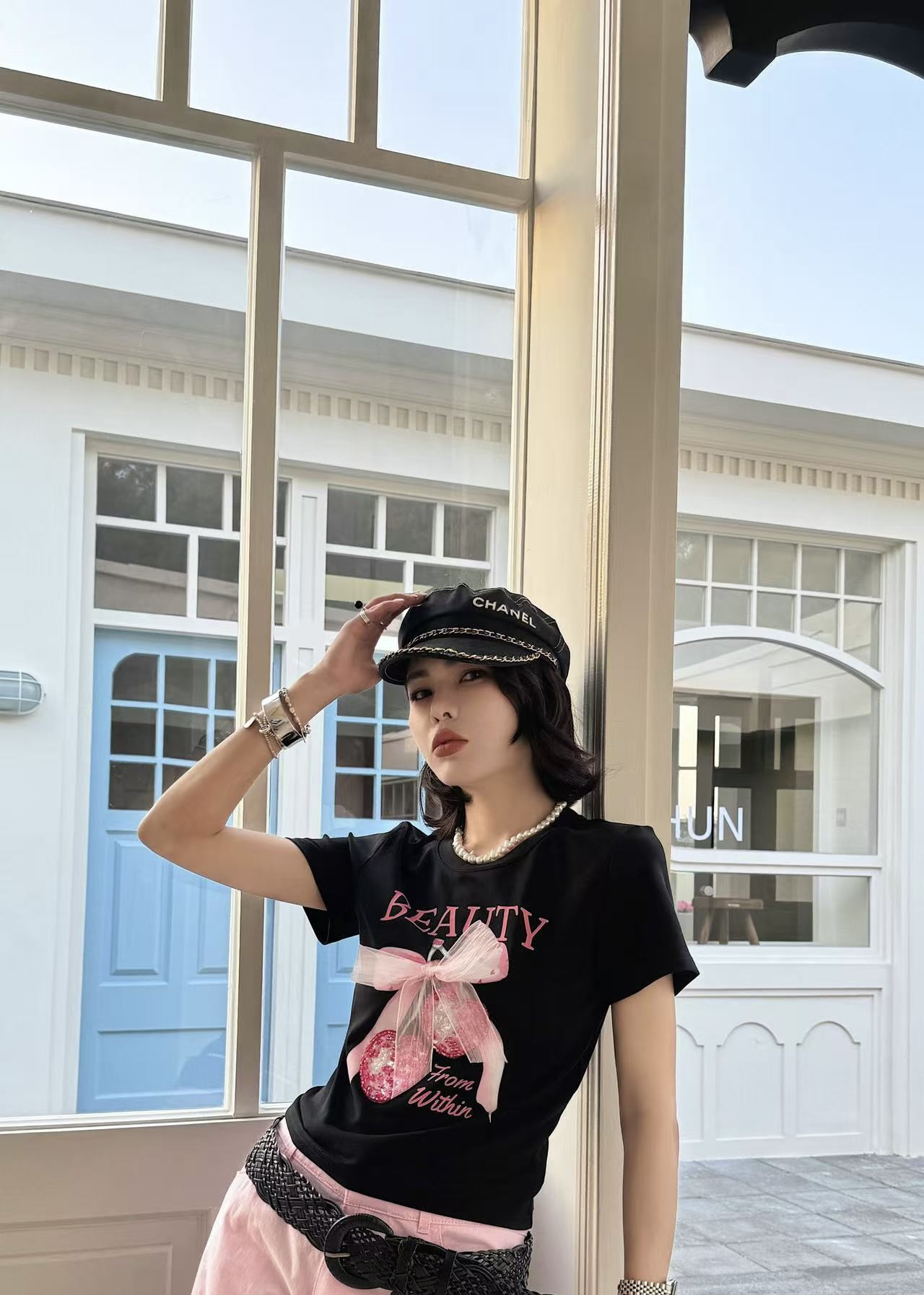 QL820-蝴蝶结夏季新款韩版时尚百搭圆领短袖T恤女上衣