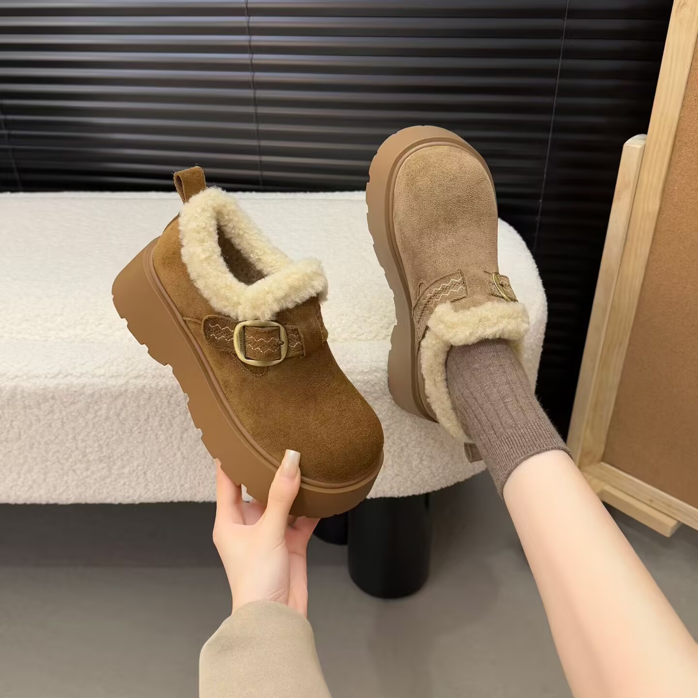 瑞西娜]~勃肯鞋女款2025新款爆款百搭增高显瘦厚底加绒秋冬女棉鞋