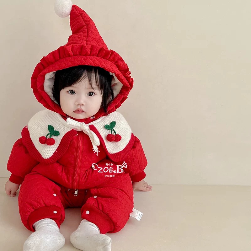 婴儿纯色加厚羽绒服连体衣冬季哈衣樱桃针织领白鸭绒羽绒服4222