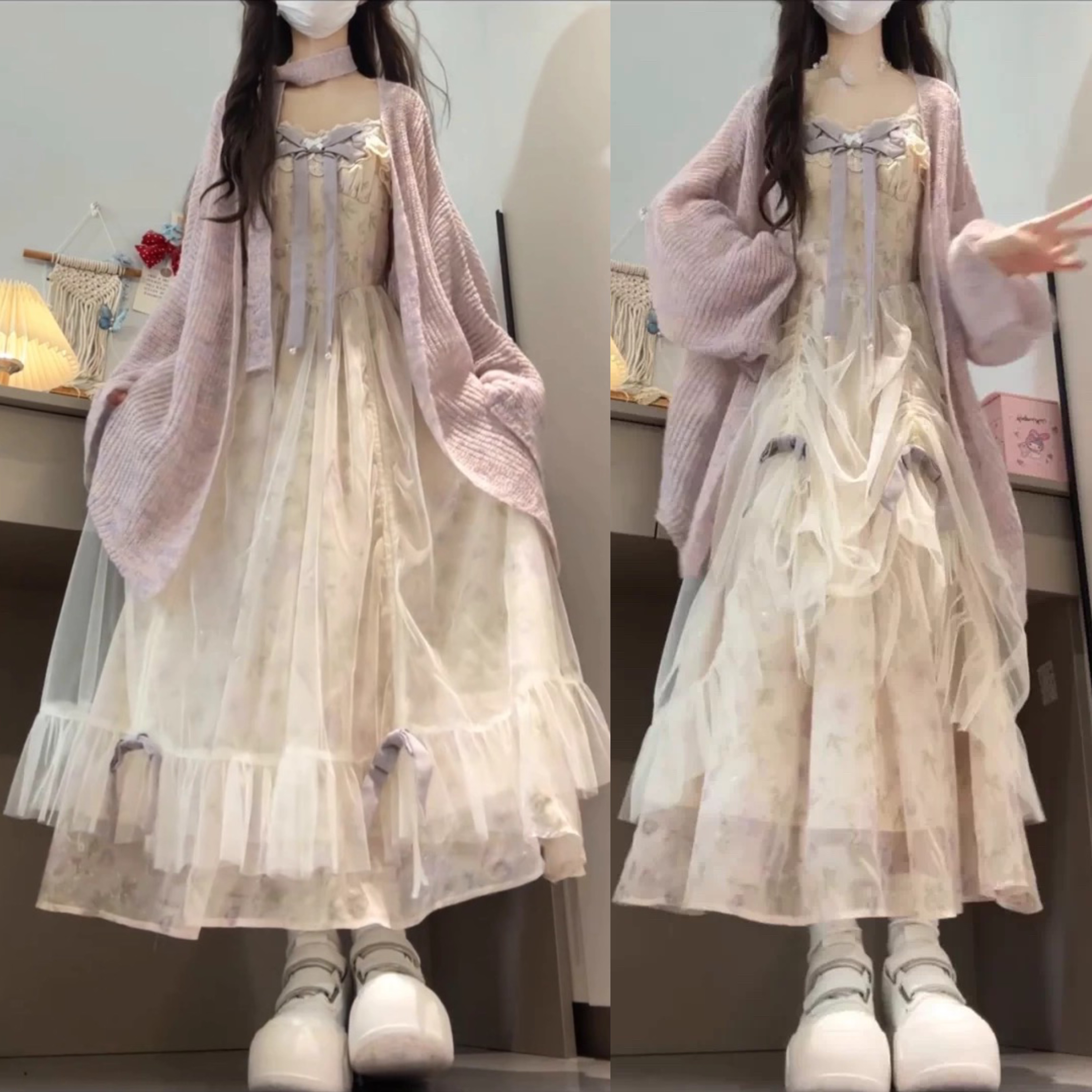 仙女裙幽兰浮梦超仙绝绝紫碎花抽褶网纱连衣裙＋毛衣套装甜美
