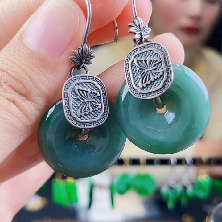 翡翠耳饰银S925镶嵌饰品