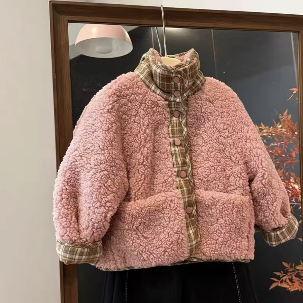 【As】冬季新款儿童休闲格子拼接韩版双面穿女童加厚保暖外套HCE243