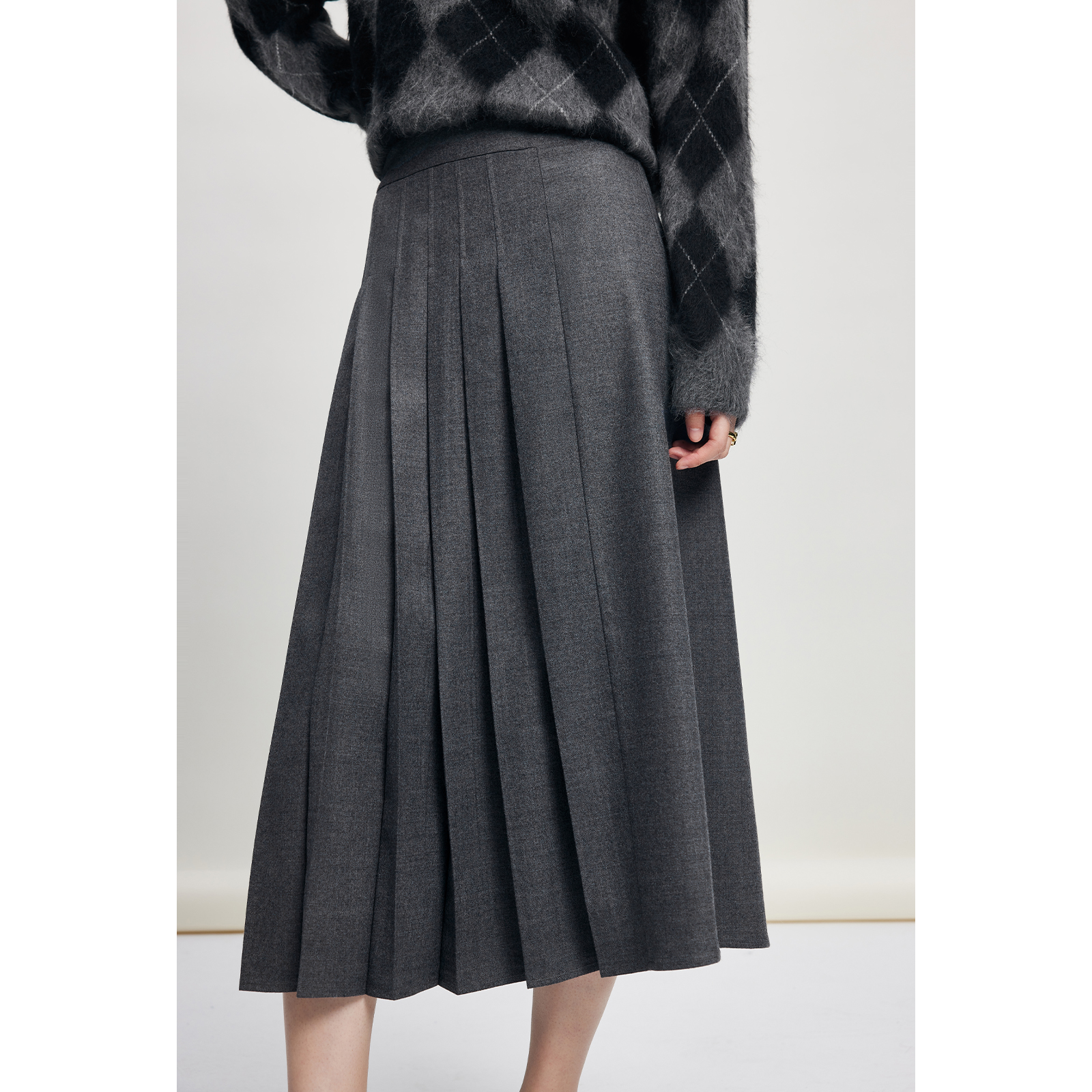 【诗语专属】MandyZhang重磅羊毛呢百褶半身裙女秋冬长款灰色裙子