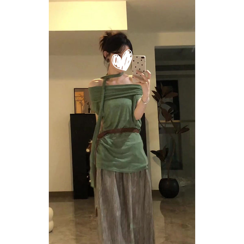 一字肩短袖T恤女夏季新款气质休闲穿搭显瘦上衣半身裙长裙两件套