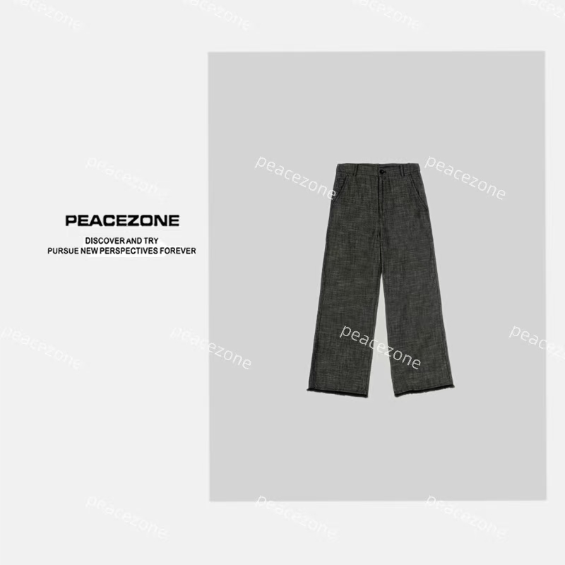 Peacezone 莱赛尔+亚麻混纺 亚麻牛仔流苏九分裤/P6513