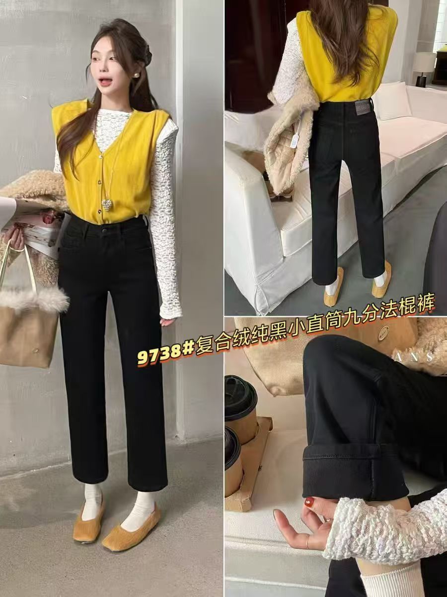 复合密密绒黑色九分法棍牛仔裤9738