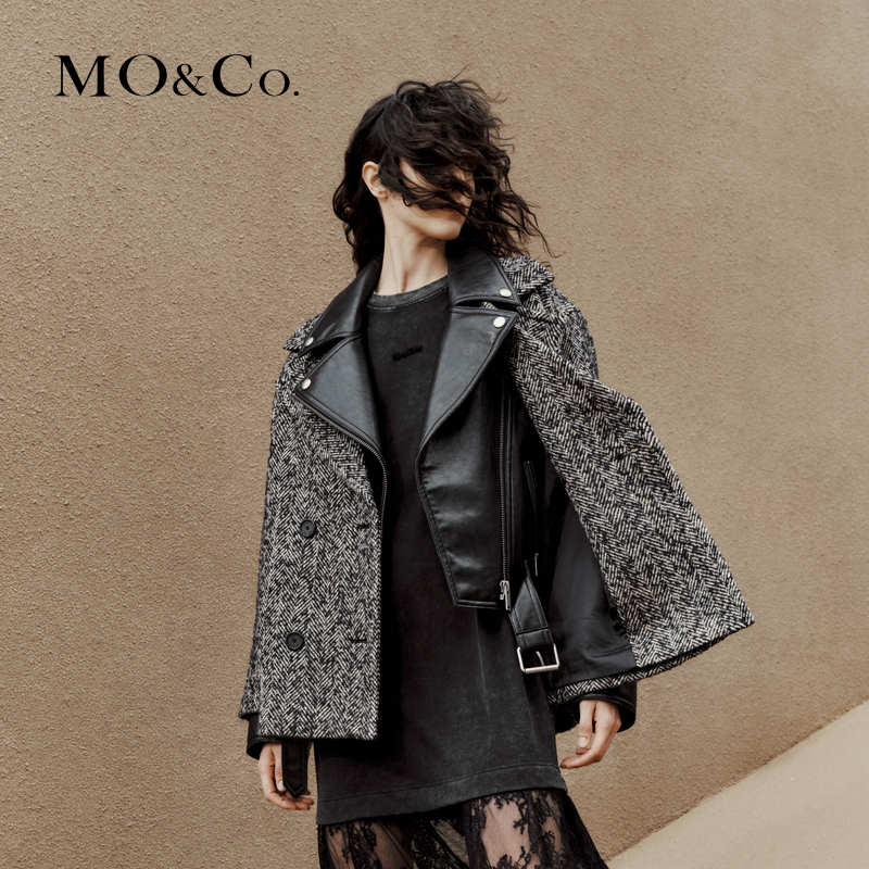 MOCO冬羊毛羊驼毛人字纹宽松廓形翻领毛呢大衣MBC4OVCK01