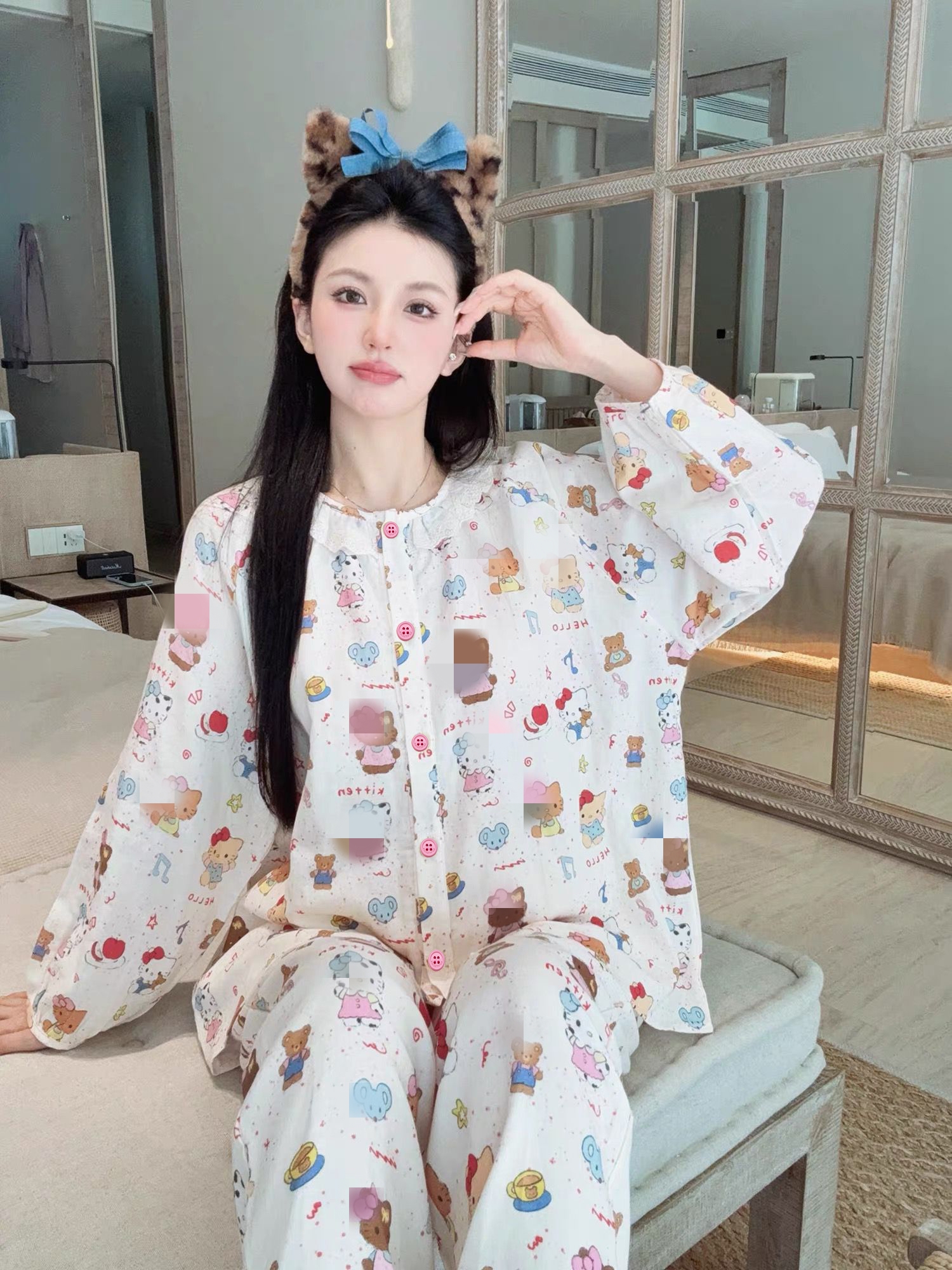  精梳棉  春秋新款甜美家居服圆领蕾丝长袖套装女