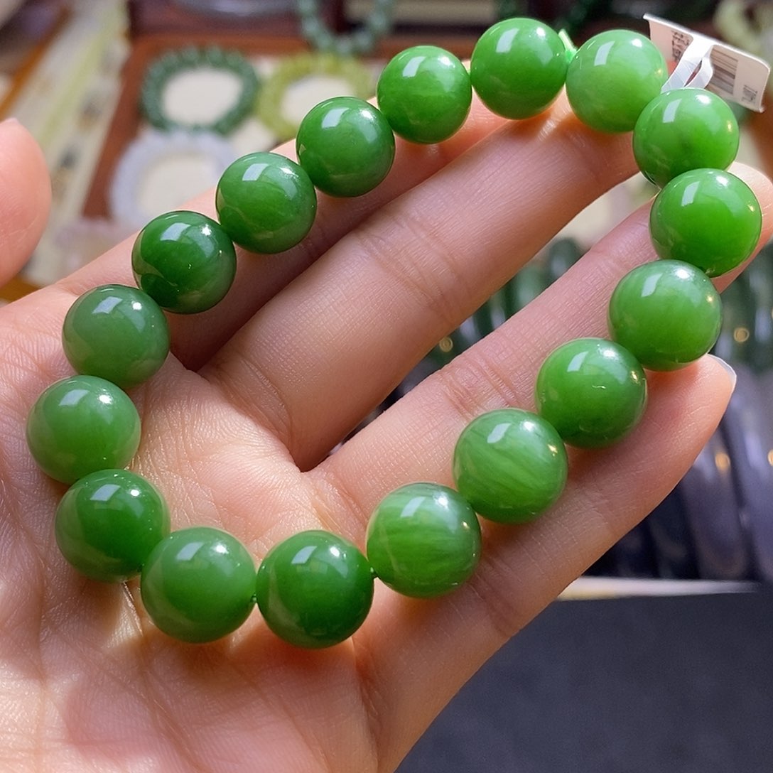 颈饰未镶嵌和田玉毕业级老坑料碧玉粉绿手链12m