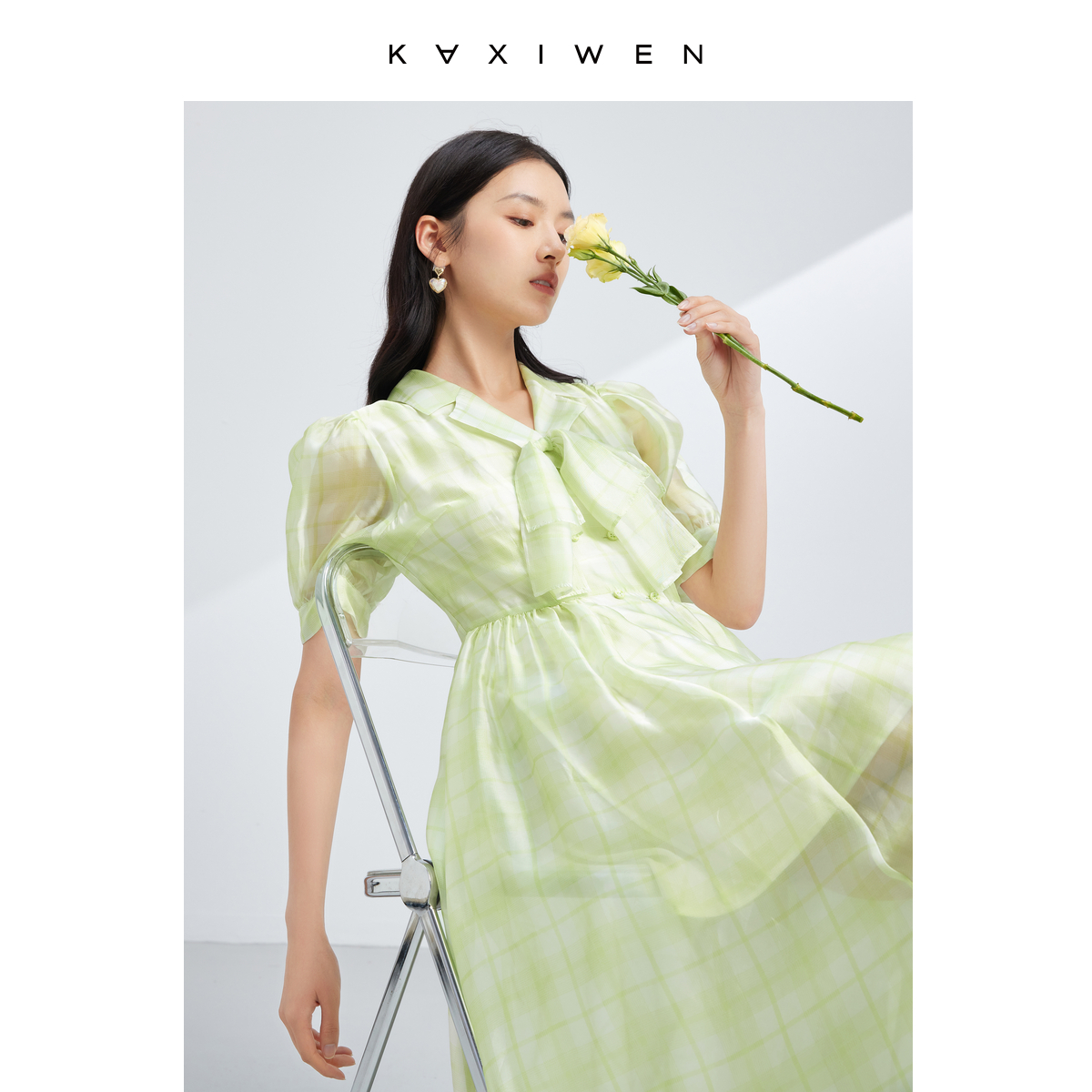 【尚雅专属】X05ALE2355复古法式格纹西装领雪纺连衣裙