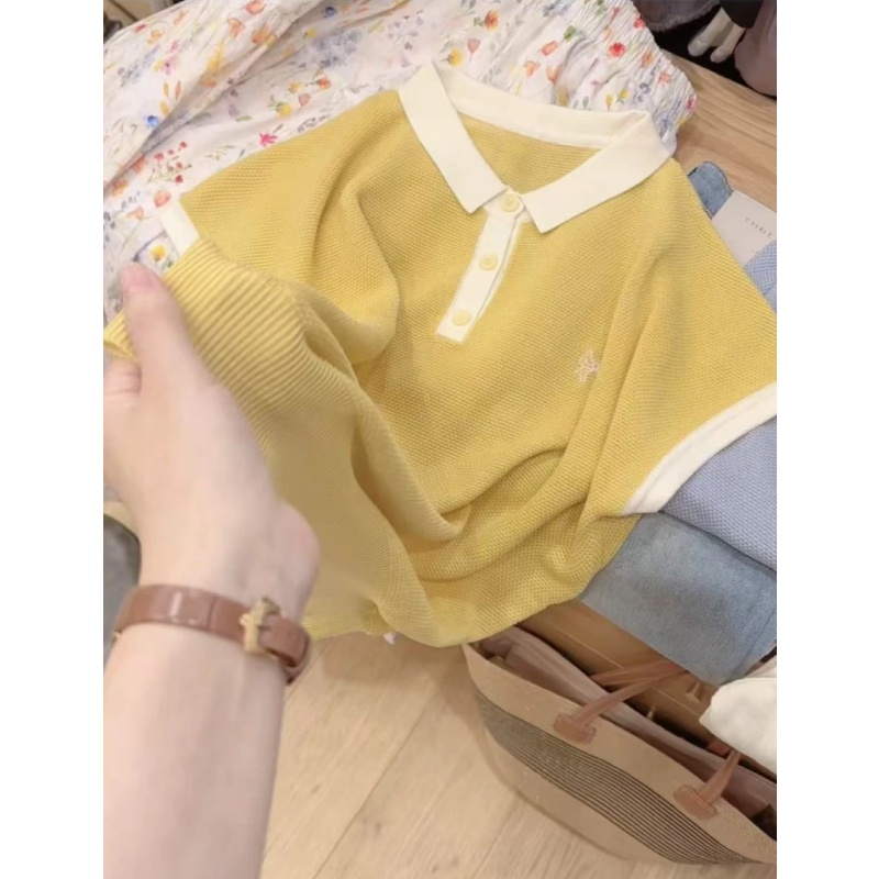冰棋家 Polo领茉莉黄刺绣蝴蝶套头短袖针织衫女夏薄款黄色上衣女