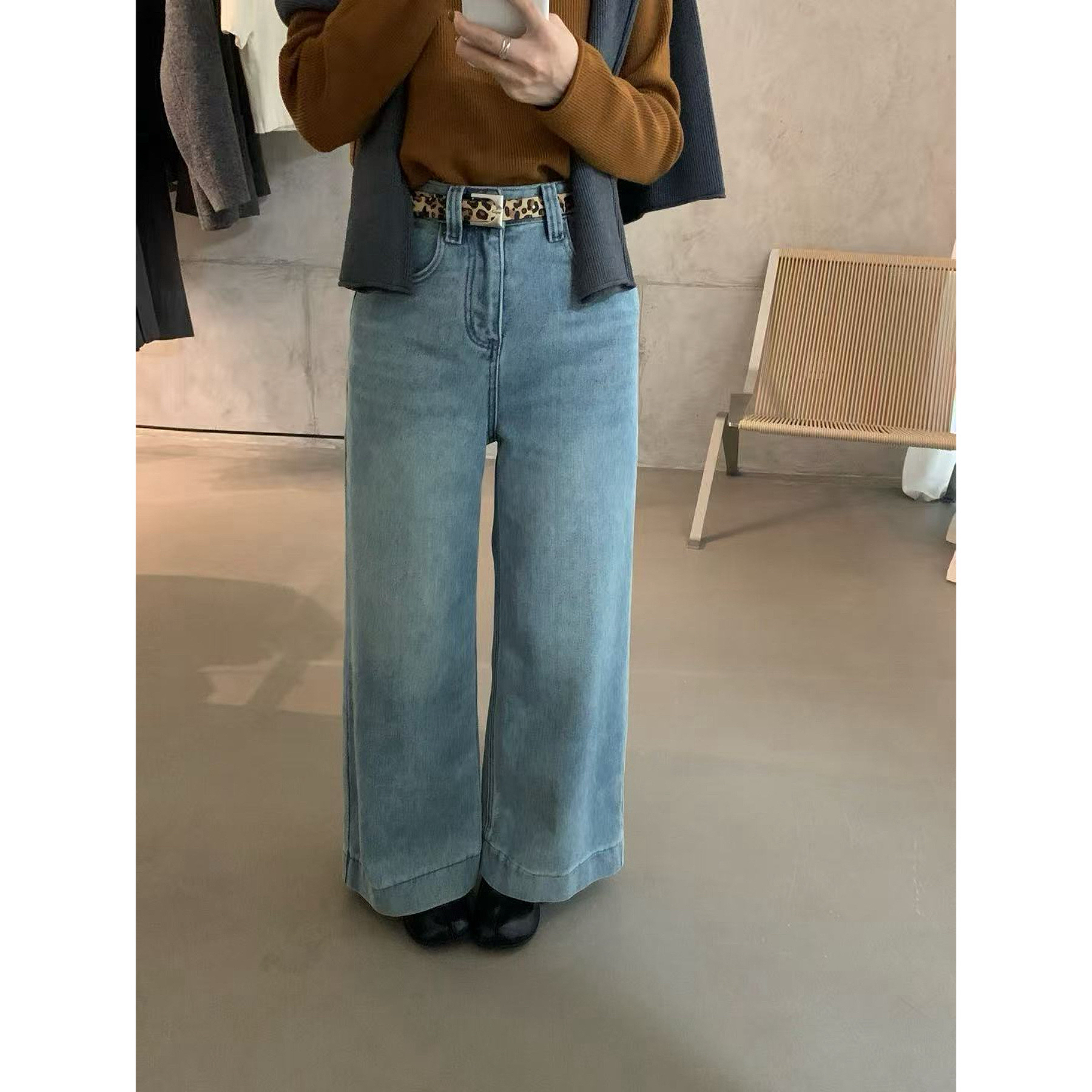 lovely@n2202 韩系简约直筒显瘦加绒牛仔裤（配腰带 S裤长100左右