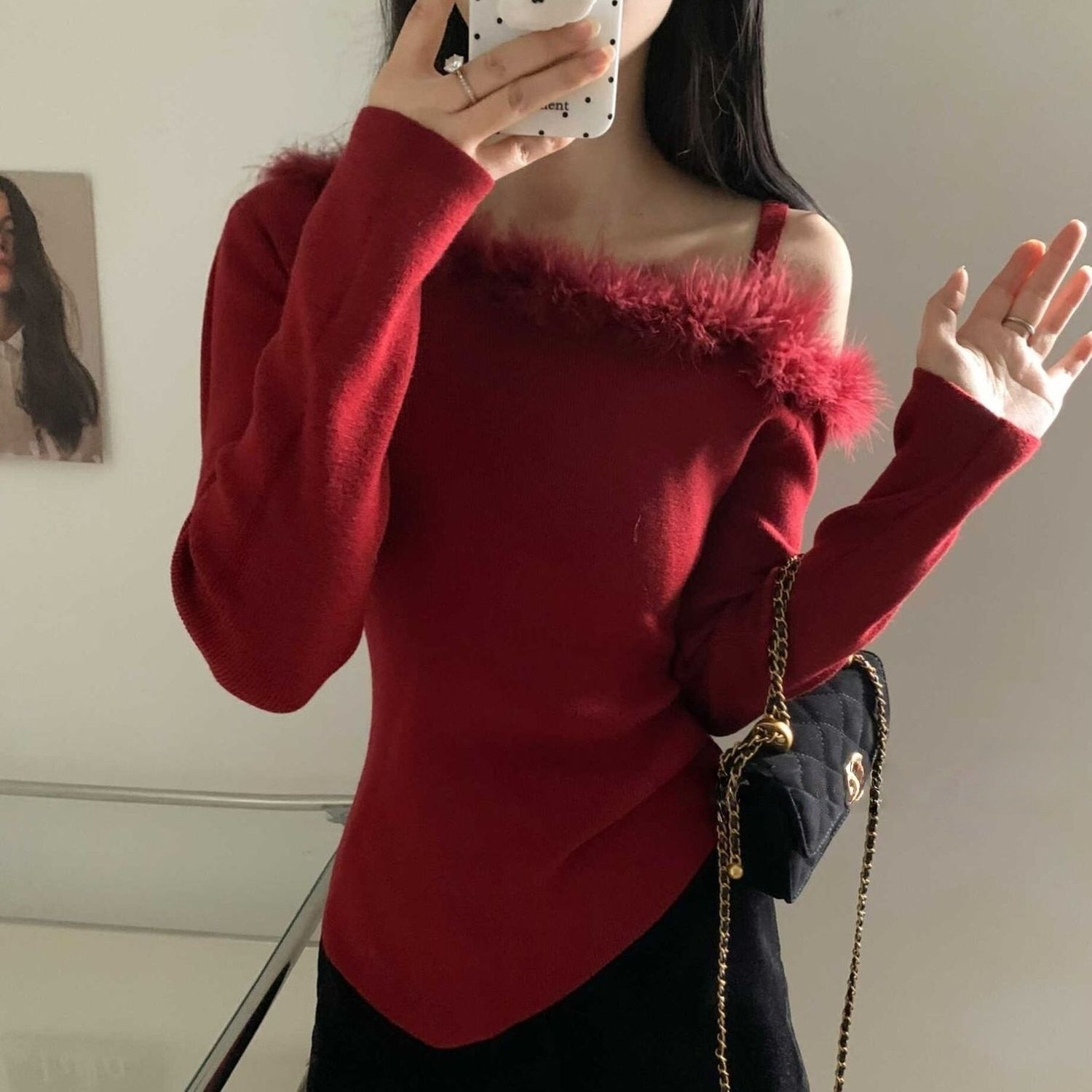 毛毛领斜肩气质针织衫女冬季新款韩系设计感小众炸街高级感女装