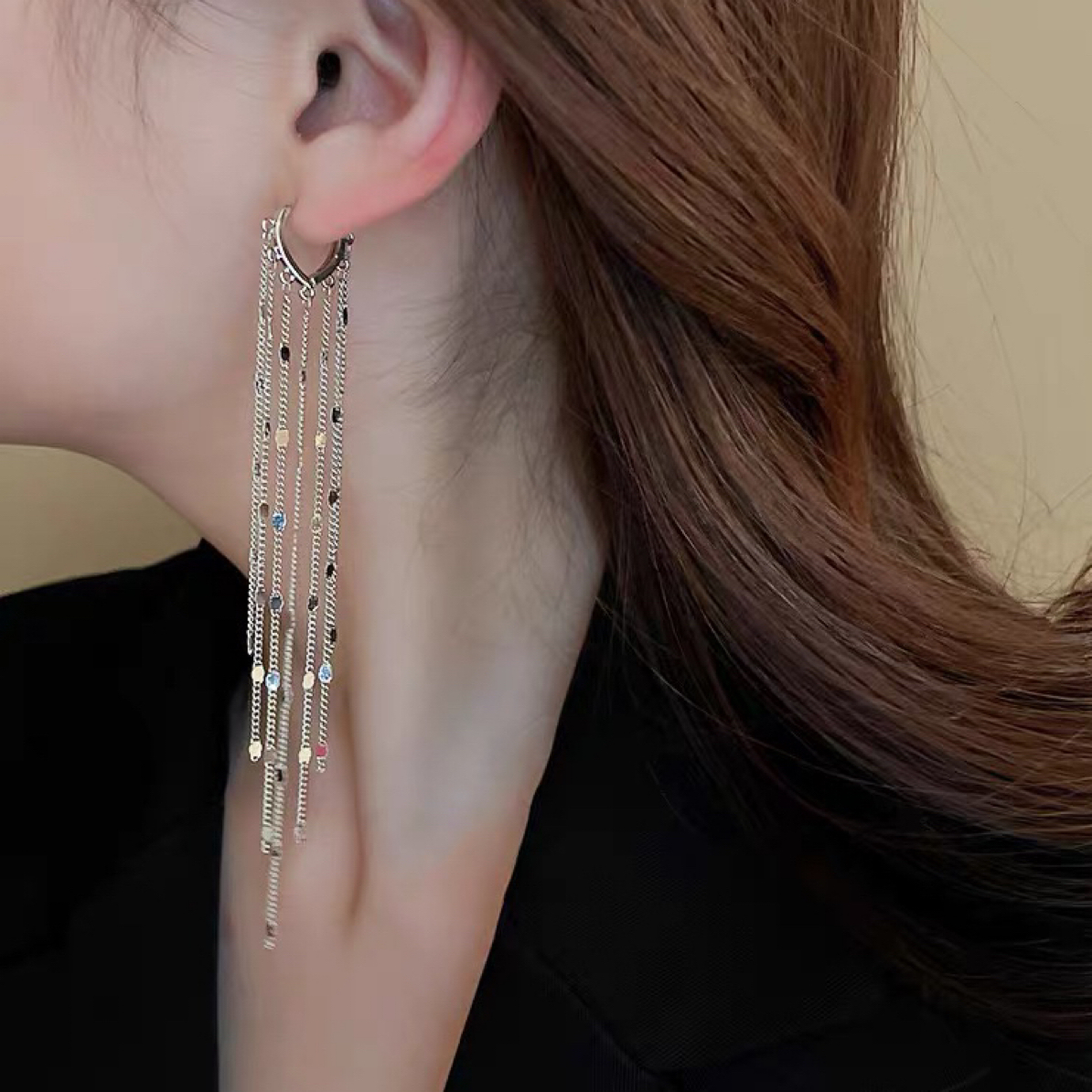 钛钢锆石耳饰 流苏长款银色百搭耳环10166