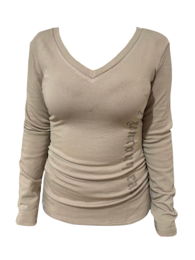 Amy家 260克微胖mm美式辣妹印花v领长袖打底衫秋冬修身显瘦上衣女