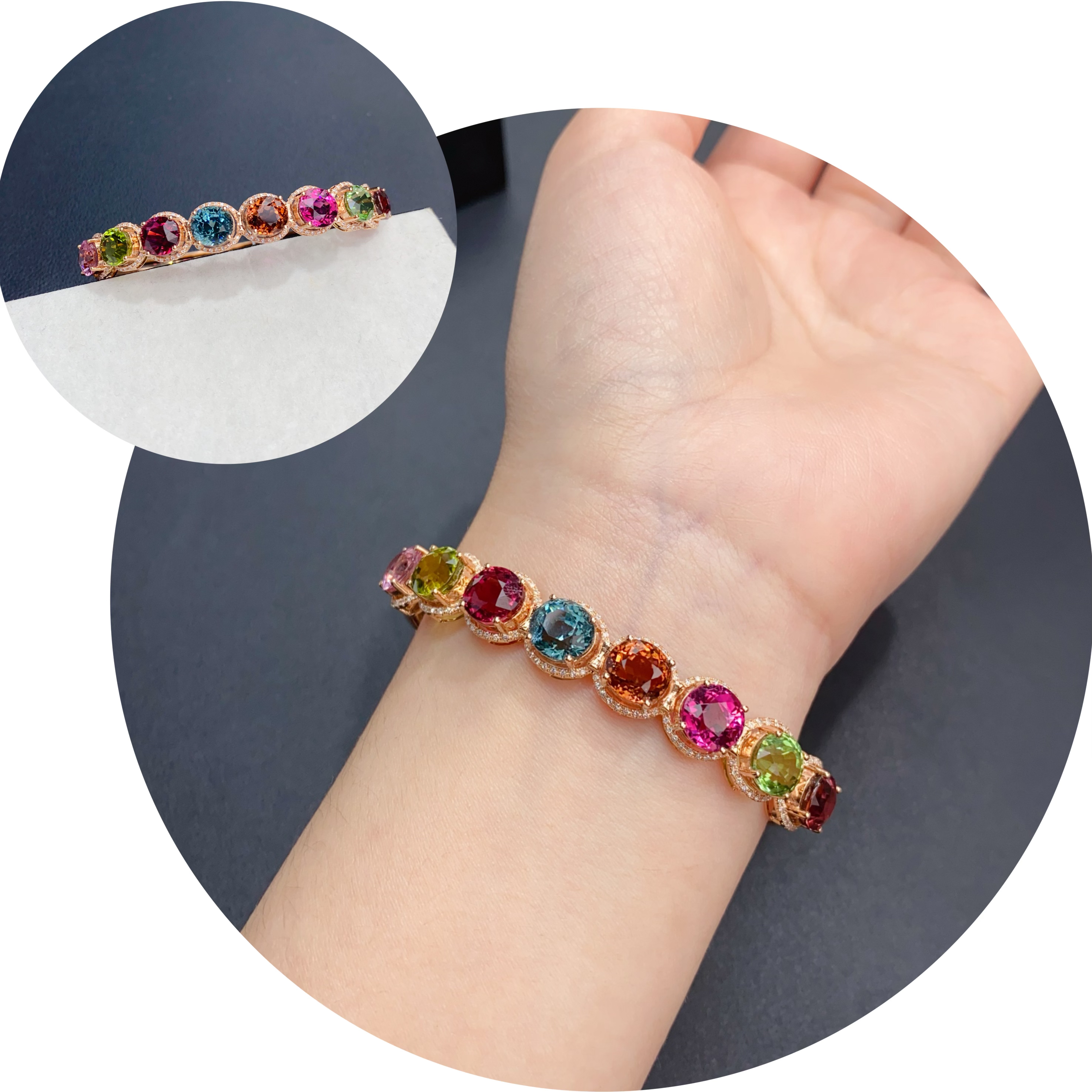 绰丽彩宝18K金镶嵌天然钻石彩色碧玺手镯 主石：16.51克拉