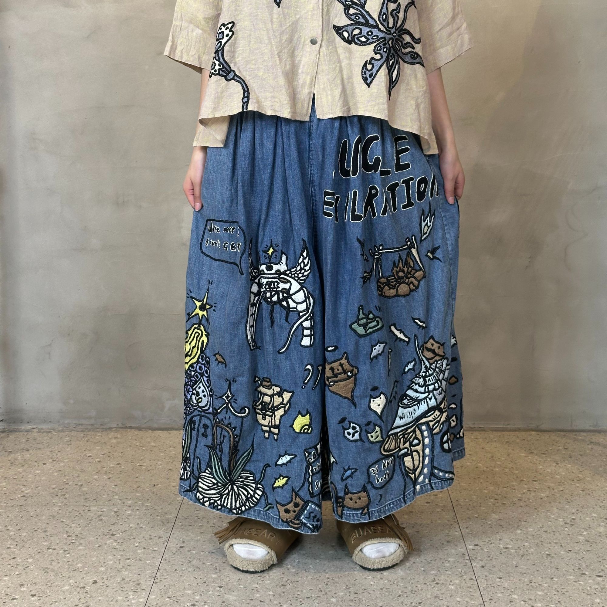 休闲阔腿裤印花九分裤微弹牛仔裤厚款高腰春秋