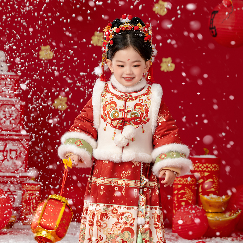 【庆华年】汉服女童冬装宝宝中国风旗袍马甲套装古装长裙唐装拜年