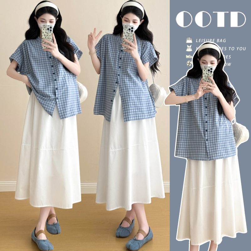 休闲孕妇装套装夏季韩版单排扣格子衬衫上衣+猪鼻扣半身裙两件套