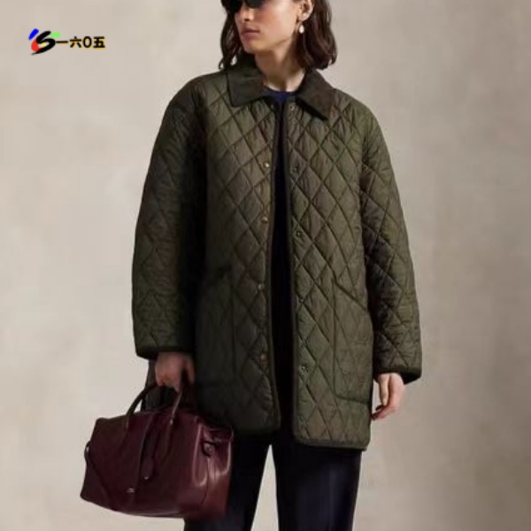 SC26115 女士美式复古灯芯绒翻领拼接薄款绗缝中长款宽松棉外套