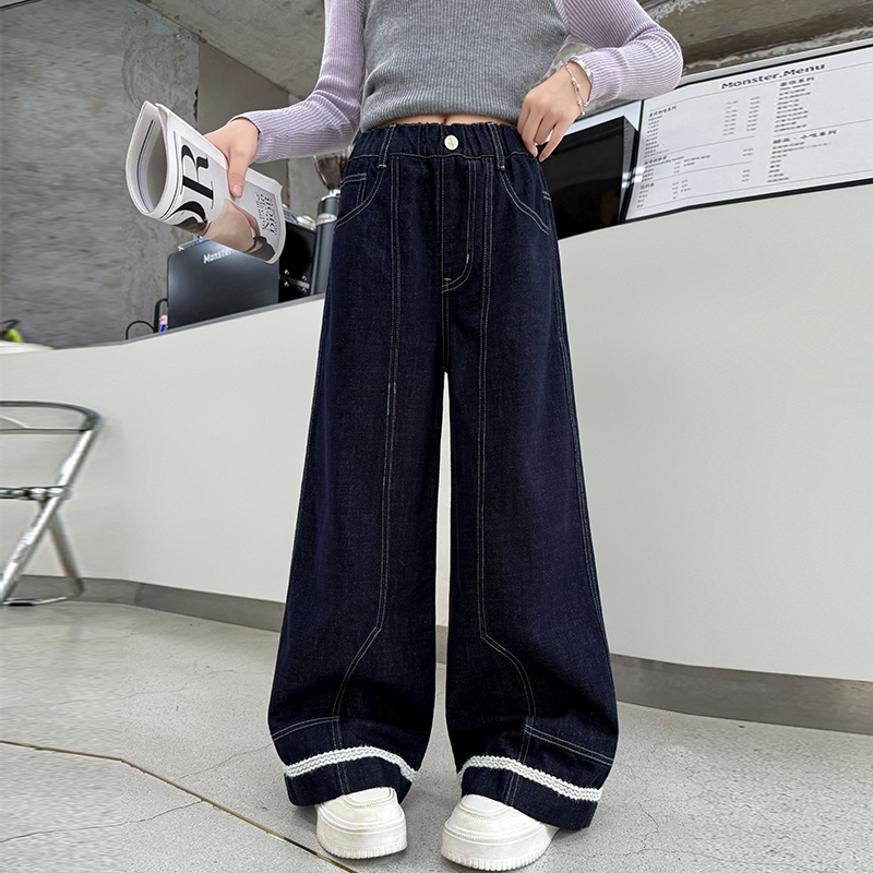 网红女童牛仔阔腿裤春秋季2025新款韩系休闲儿童装中大童直筒裤子
