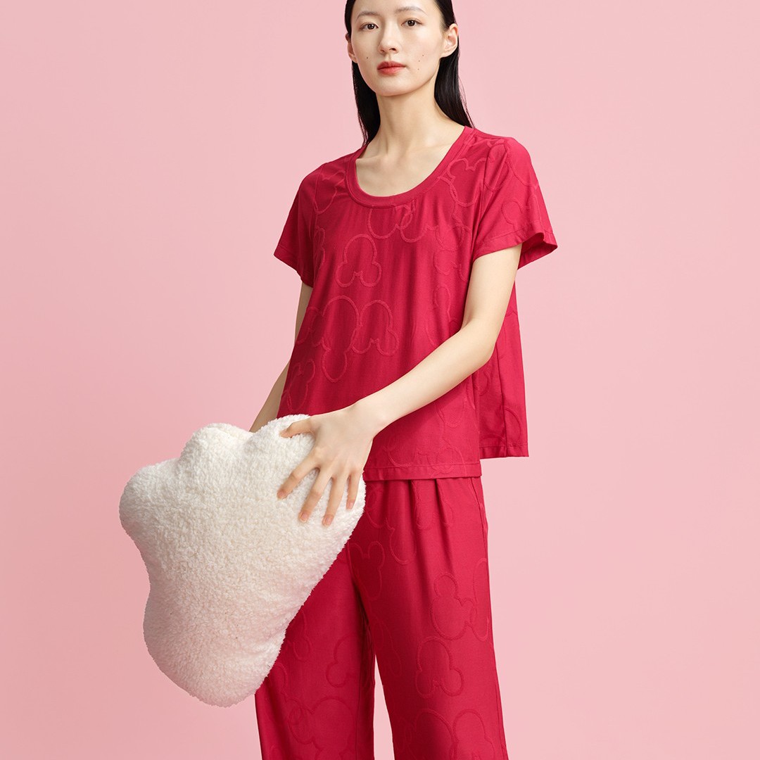 春节限定宽画家居服裸睡系列96886夏季睡衣上衣宽松圆领薄款套装