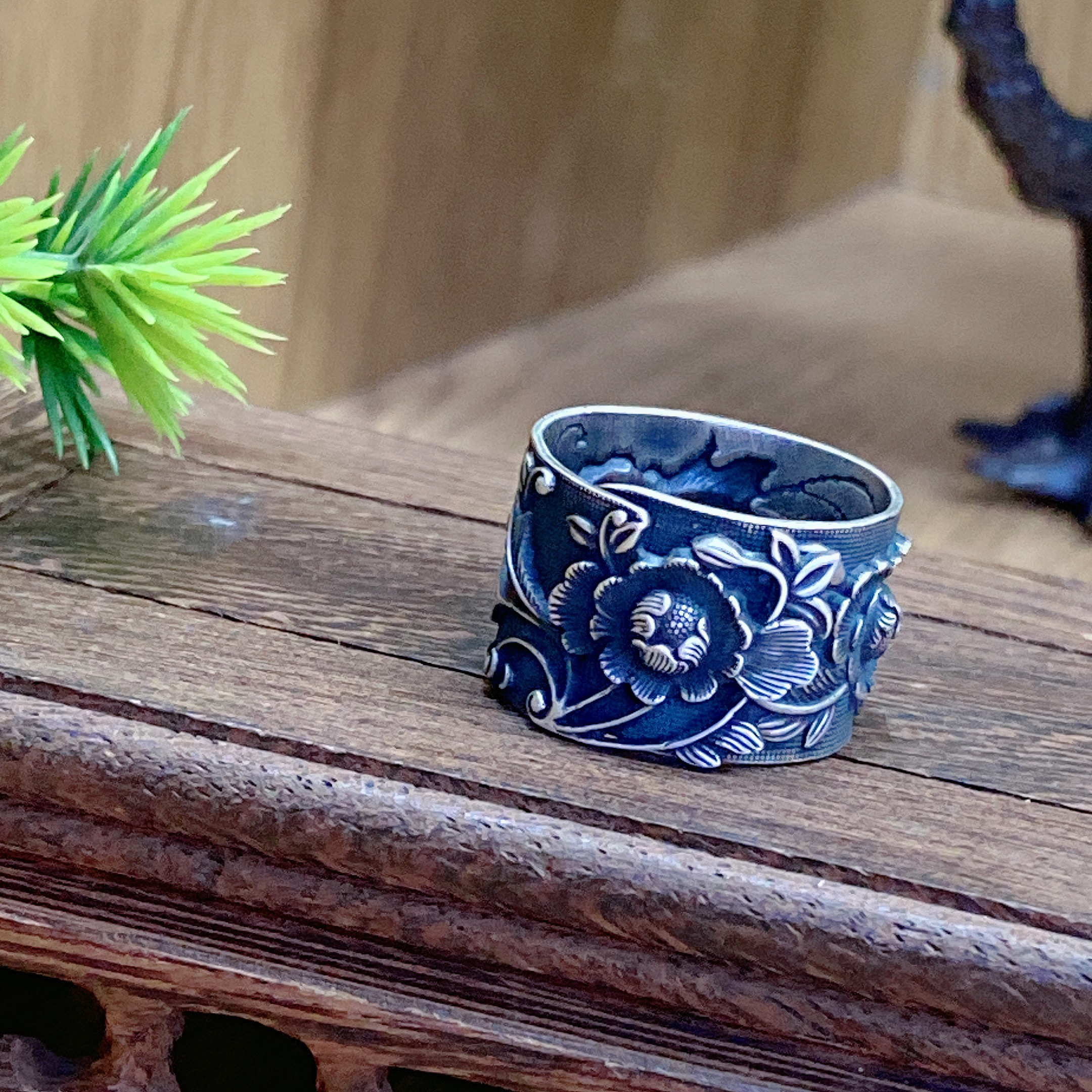 足银戒指 英英手工錾刻银戒指牡丹花