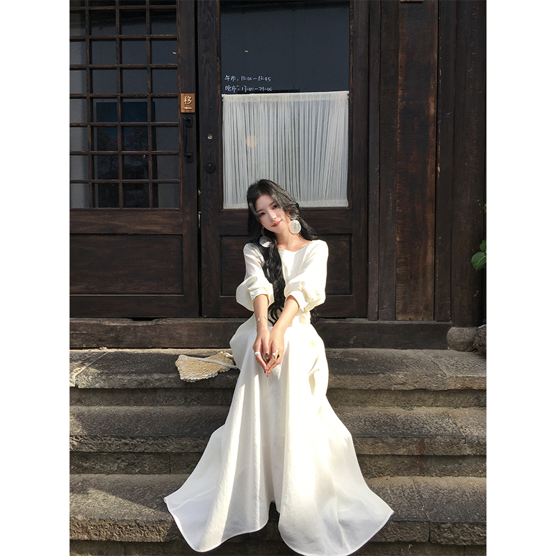 ICELOLLY大方得体绝美长袖连衣裙女2025新款早秋款亚麻收腰长裙子
