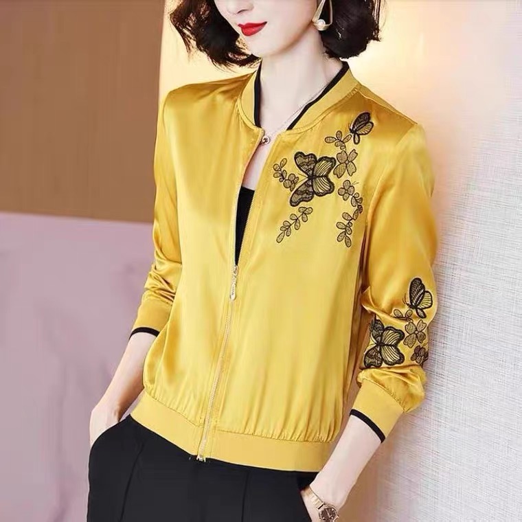 墨袖戏蝶——92桑蚕丝长袖洋气螺纹下摆女显瘦短外套女装薄款6130