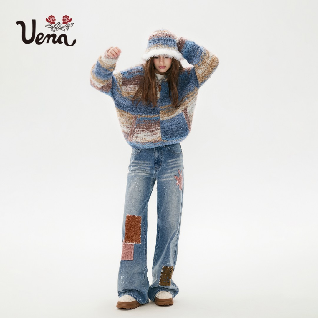 【曼城河畔】Uena蓝色天使兔贴布绣泼墨水洗做旧宽松直筒牛仔裤女