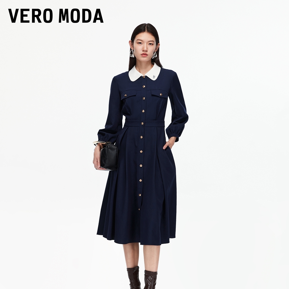 Vero Moda连衣裙2025秋季新款撞色翻领高腰线收褶中长裙3253SZ007