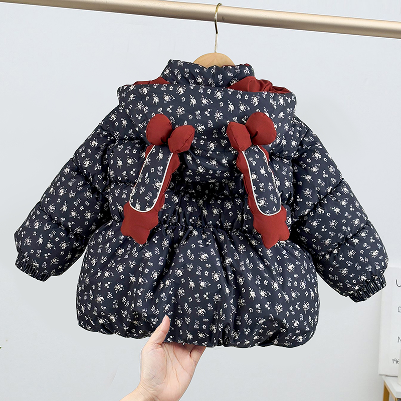 儿童女童洋气宝宝连帽碎花加绒加厚棉服保暖童装冬款棉袄公主棉衣