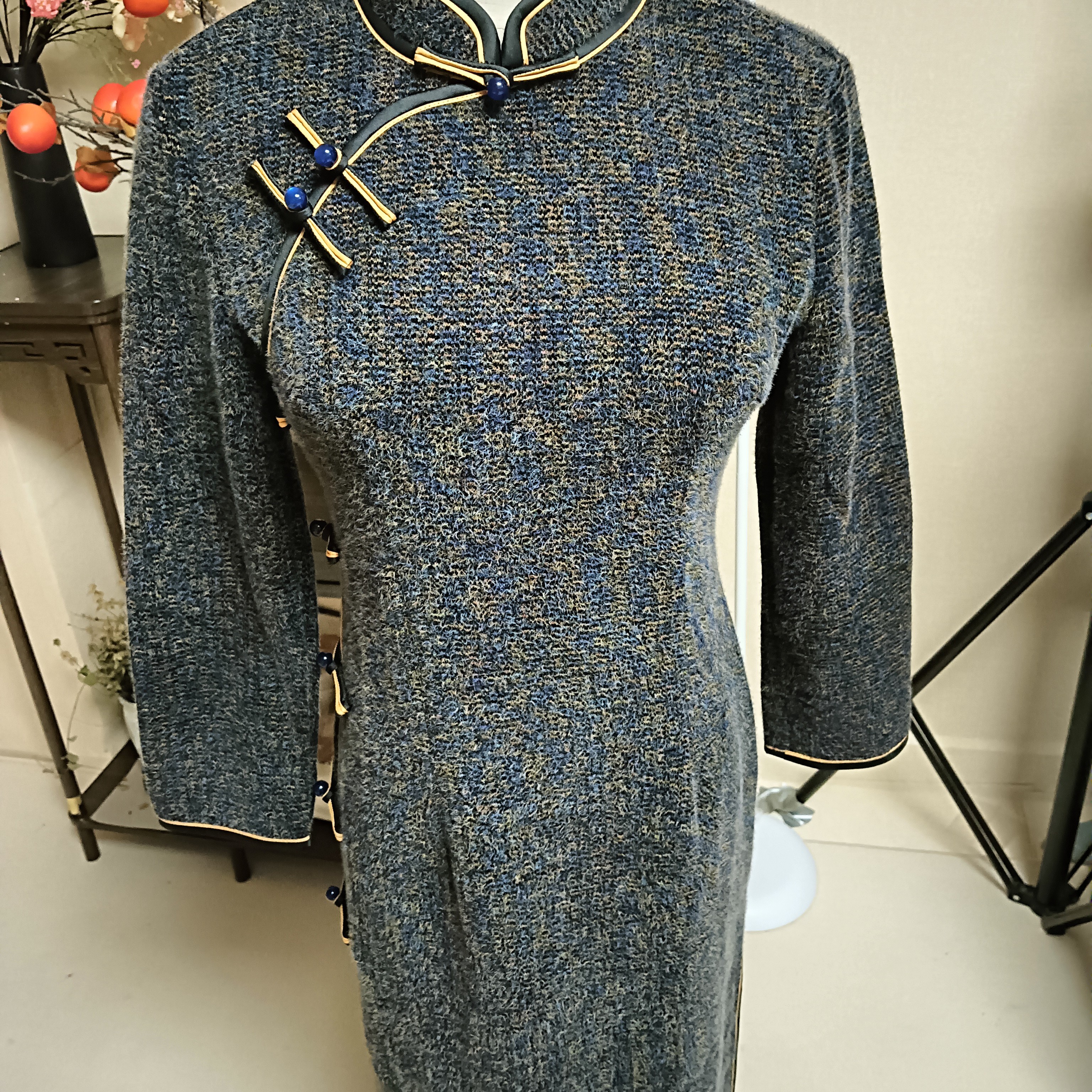 格子冬款中长裙日常旗袍中长款网红扎染三排扣