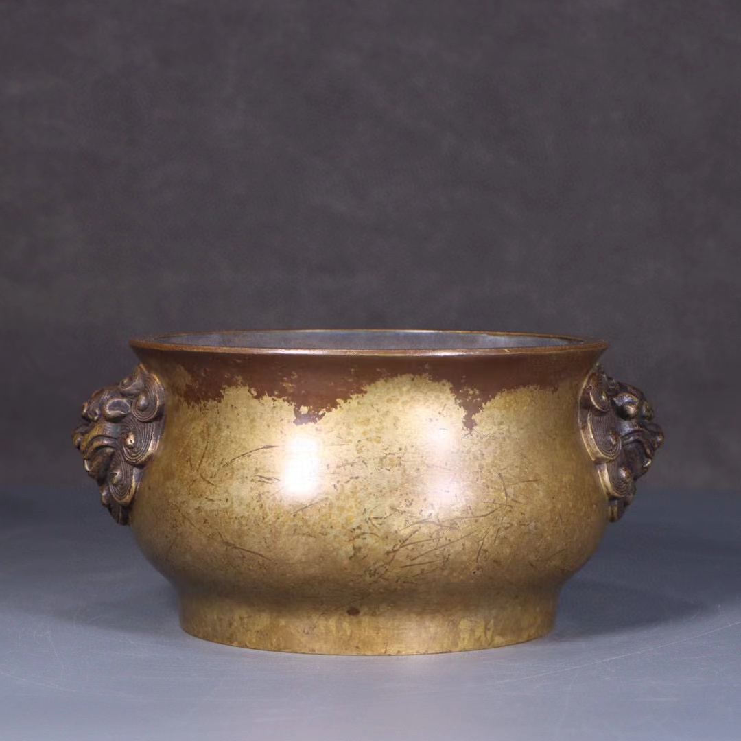 铜胎狮耳圈足炉香炉