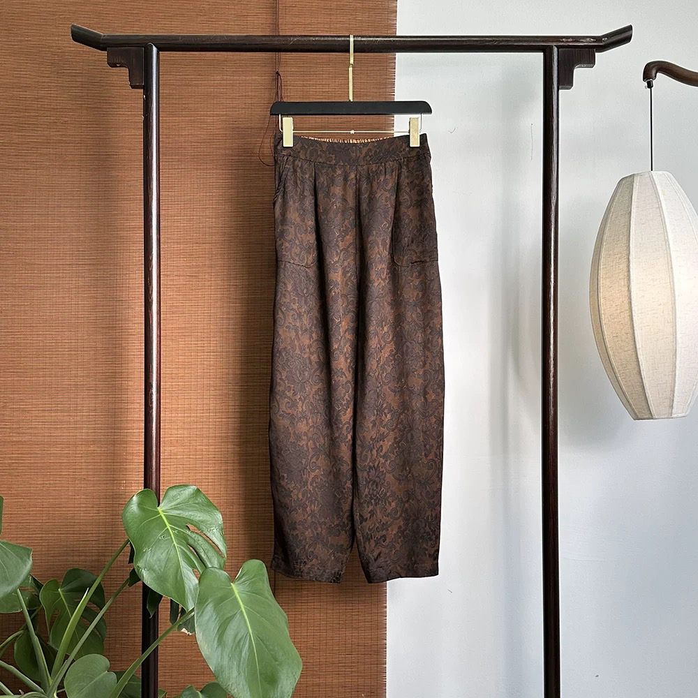 玄褐藏纹——香云纱桑蚕丝四经绞罗双面双穿哈伦裤宽松9025