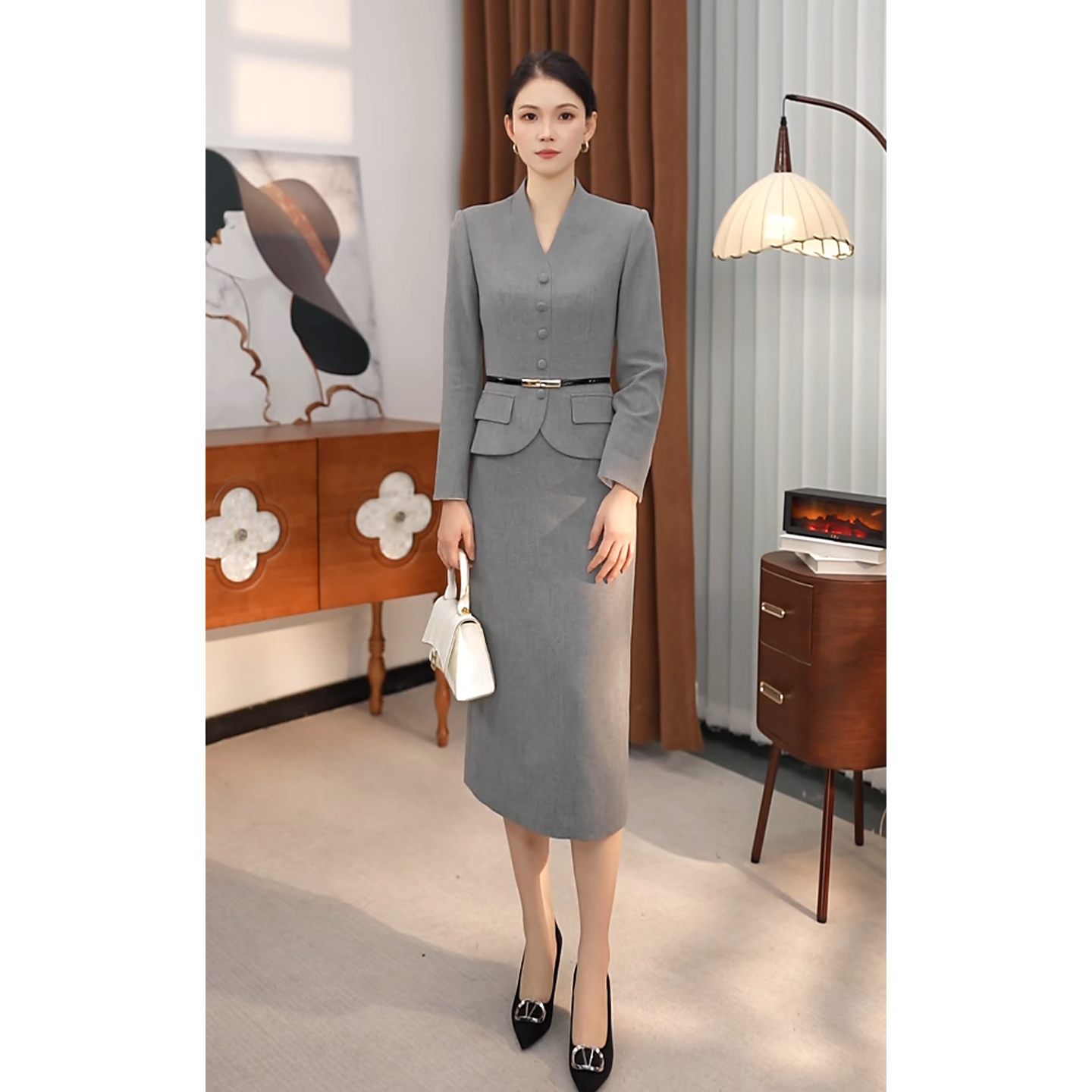 2025秋冬季新款灰色气质连衣裙女长袖高档中长款修身收腰PL2068