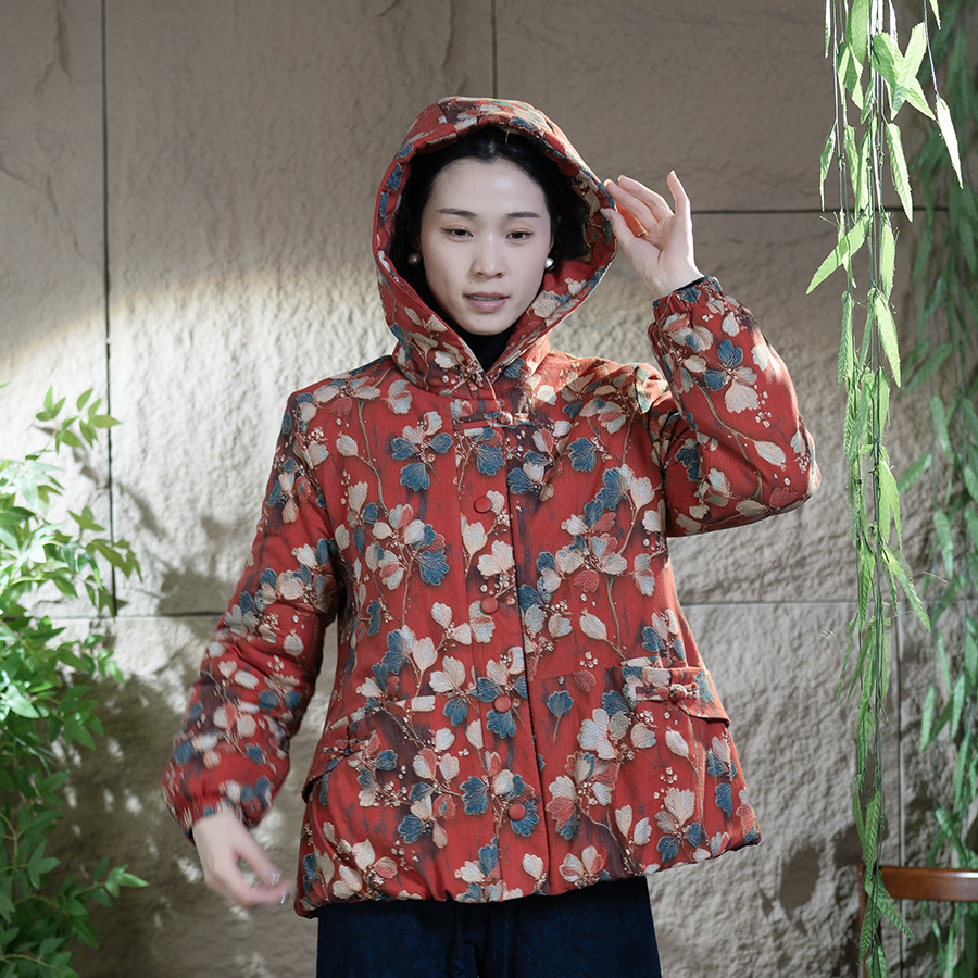 新中式民族风厚款碎花女士带帽领盘扣中老年女装保暖