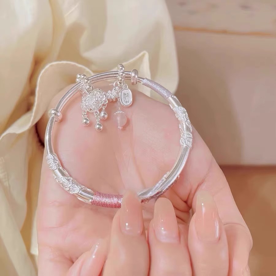 足银手镯 繁花纯银手镯999平安锁Kitty猫吊坠足银镯子情人节礼物