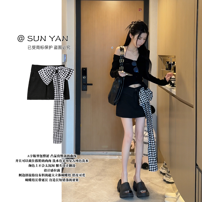 孙妍新款【洛格牛仔裙】时尚复古设计感格子蝴蝶结装饰牛仔短裙新款