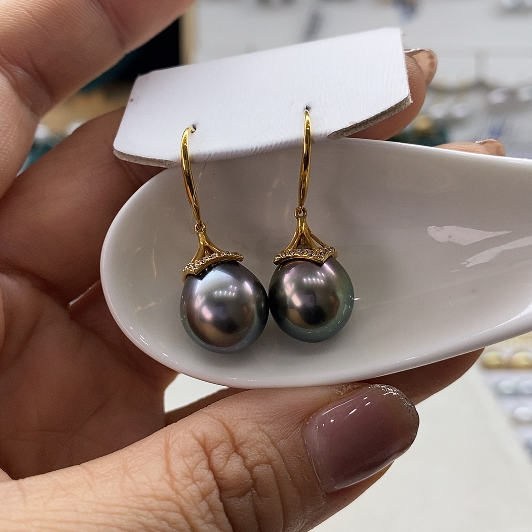 海水珍珠耳饰18K金镶嵌大溪地孔雀绿11-12m m