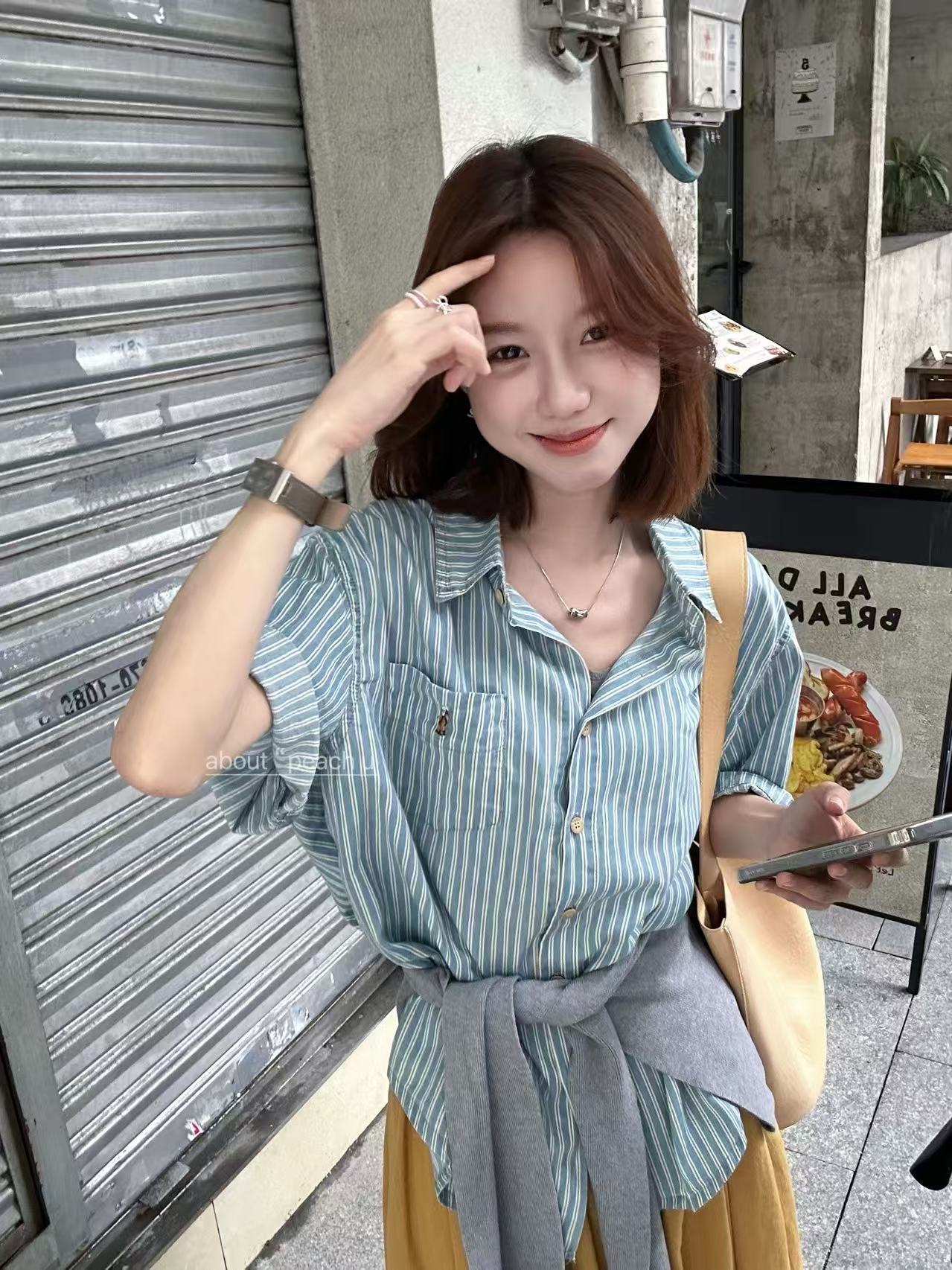 Peach自制 '横琴岛'复古慵懒感条纹刺绣口袋宽松翻领衬衫 877