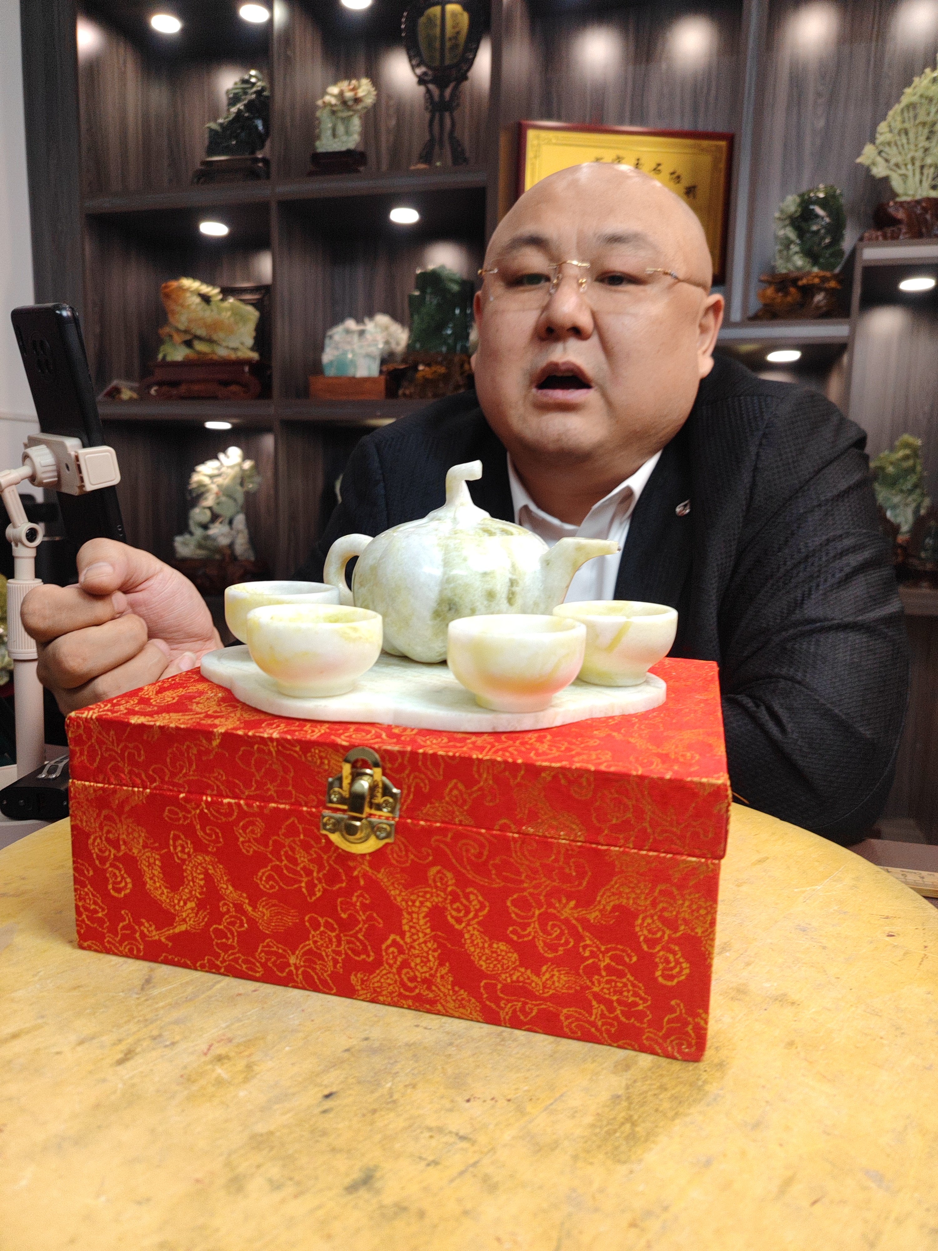 岫玉方解石玉茶壶6件套