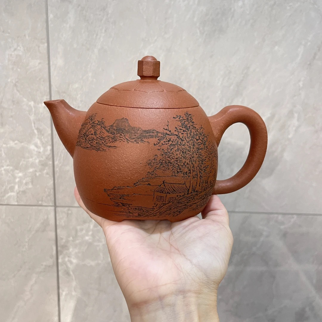 宜兴正品紫砂壶原矿黄龙山矿标大红泥龙蛋秦权530cc精工半手收藏
